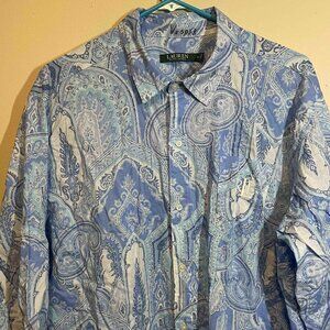 XL Lauren Ralph Lauren Light Blue Paisley Button up blouse with RLL monogram